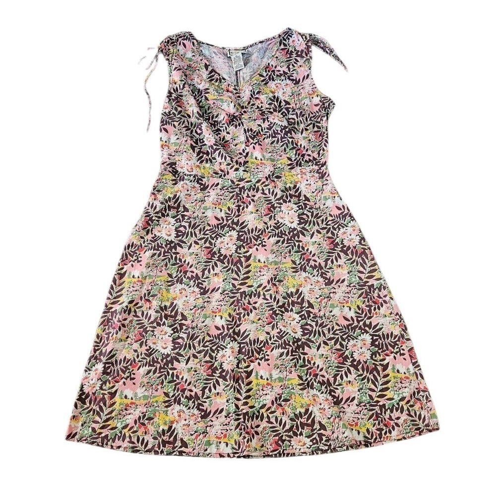 April Cornell Midi Dress Women Medium Pink Floral Tie Shoulder A-Line Cottage